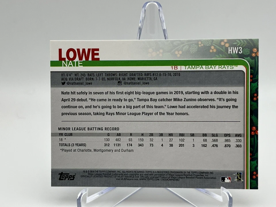 2019 Topps holiday Nate Lowe RC Rays HW3 - Image 2 of 2