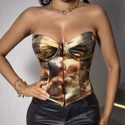 Corset Top Renaissance Print Sz Large Lace Up Drawstring Bustier Strapless Satin