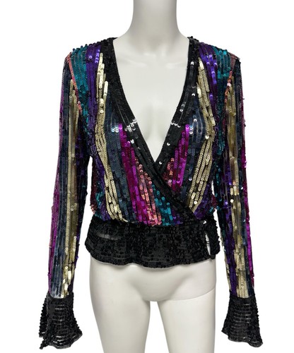 Asos women's sequin v neck top long sleeve multicolor open back size 6