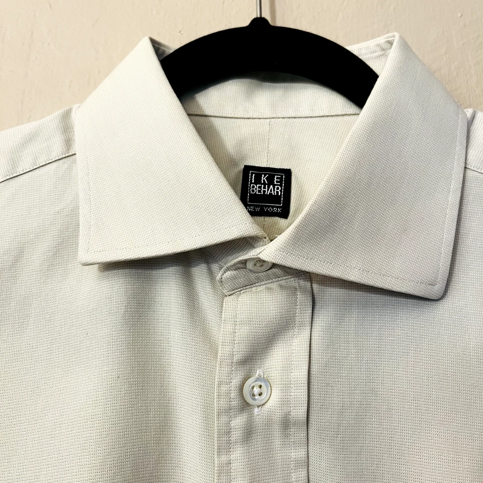 Camisa de vestir IKE BEHAR New York para hombre talla 16 L abotonada manga larga sarga marfil Foto 3 de 4
