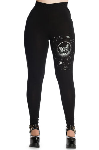 BANNED Apparel Black Gothic Emo Punk Psychobilly Kitty Stars Space Cat Leggings - Afbeelding 1 van 4