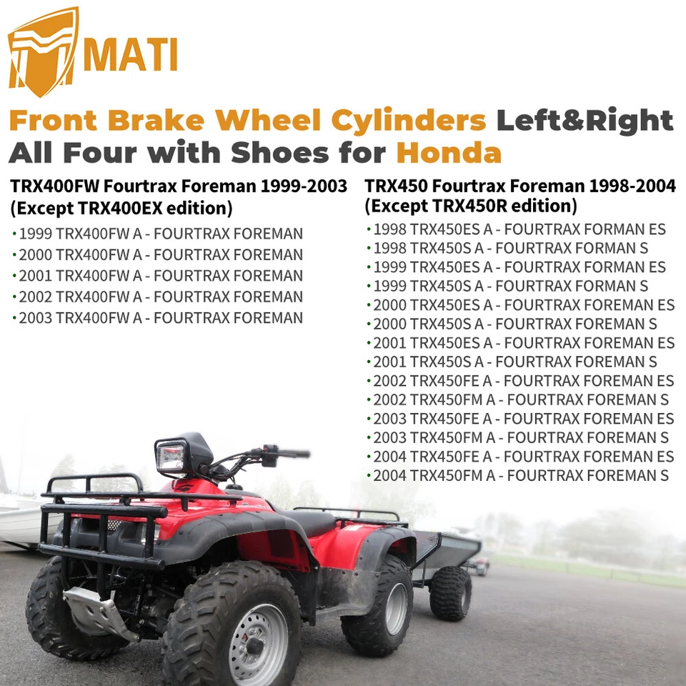 Front Brake Wheel Cylinders w/Shoes Kit All 4 for Honda Foreman 450 TRX450 98-04 - Image 4 of 4