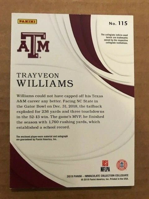 TRAYVEON WILLIAMS 2019 Immaculate Collegiate PATCH AUTO #1/25 true RPA Texas A&M - Image 2 of 2