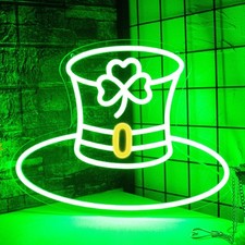 Hat Clover Neon Sign St Patricks Led Light Green Lucky fr Party Room Bedroom Art