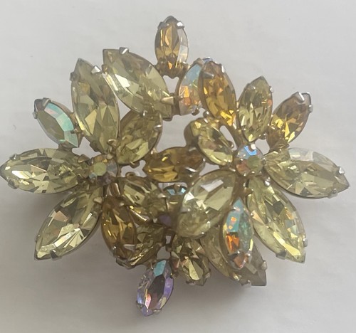 Vintage Regency Yellow Rhinestone Flower Brooch Pin