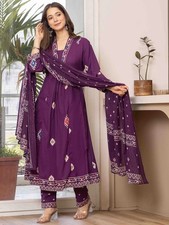 Women  s Cotton Printed Anarkali Suit Purple Kurti Pant Dupatta Hand Work Indian