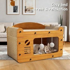 2-in-1 Cat Scratcher  Cozy Bed - Durable Cardboard Lounge Bed with Hanging Toys