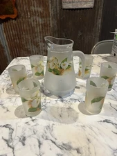 Vintage Briliant Frosted Pitcher and 6 Glasses Set Calla Lilies - Indonesia