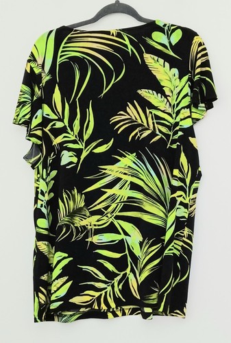 Susan Graver Blouse Women's Size 1X Black Green Tropical Liquid Knit Pre-owned - Picture 2 of 9
