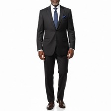 VINCI Men's Black Solid Color Elastic Waistband Classic Regular Fit Suit