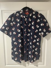 Primark Santa Claus Sun Glasses Mens Size XL Navy Blue Christmas Shirt Button Up