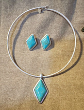 Signed Vintage Robert Lee Sterling Silver Turquoise Necklace & Earrings Set