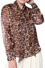 C Wonder by Christian Women's Button-Down Necktie Blouse Leopard
