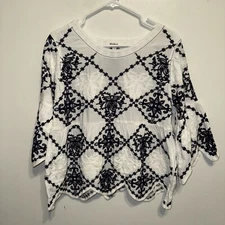 Kindred Anthropologie Navy Blue White Peplum Bell Sleeve Boho Blouse Top Size M