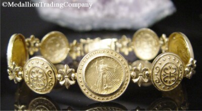 14k 22k Gold 2007 Liberty American Eagle 5 $ Münze Fleur di Lis Armband Lot #2