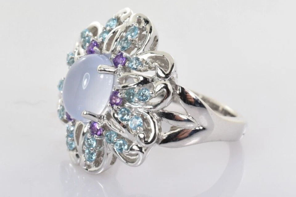 Anillo Amatista y Aguamarina Calcedonia Azul Oro Blanco 14k Talla 6 Foto 3 de 4