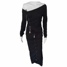1990's Jean Paul Gaultier Knit Semi-Sheer Chain Lace Up Black Skirt Set 2 Piece
