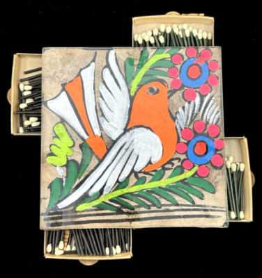 Vintage MCM Trivet TILE Matchbox HOLDER Drawers BIRD Hand Painted FOLK ART Boho