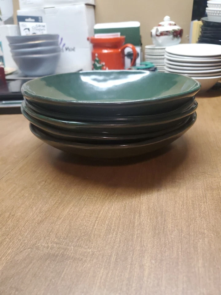 Cuencos para pasta de gres Pier 1 9" verde oscuro moteado usado en excelente estado cubo pintado a mano 104 Foto 2 de 4