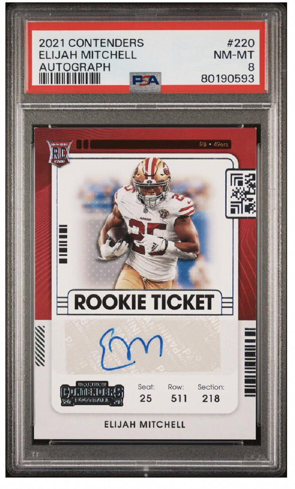 2021 Panini Contenders - Rookie Ticket #220 Elijah Mitchell Auto PSA 8 Nm-Mt
