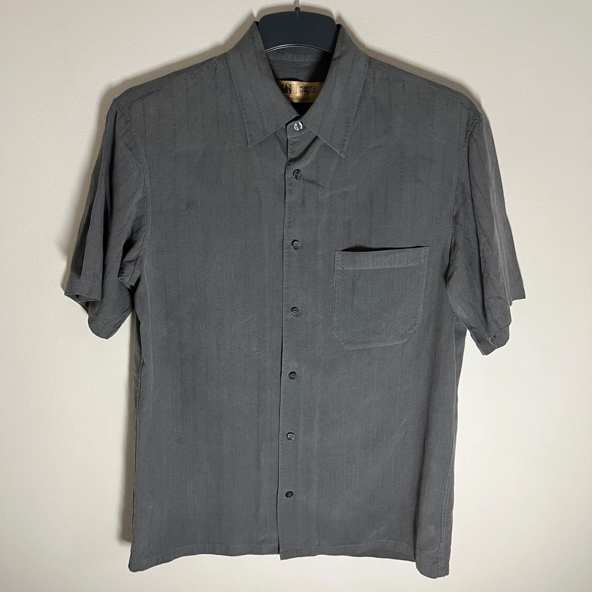 Marks And Spencer Mens Short Sleeve Button Pure Silk Collared Pocket Shirt Small