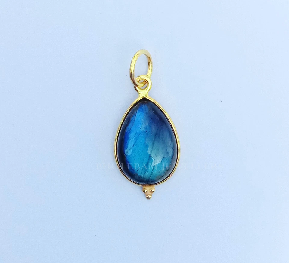 Natural Labradorite Charm Necklace, 18k Yellow Gold Pendant , Handmade Jewelry - Image 3 of 3