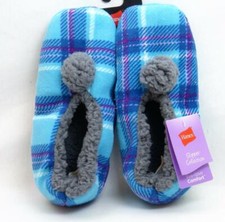 Hanes Footies Slippers Turquoise Plaid Medium Size 7-8 Gray Pom Pom No Skid New