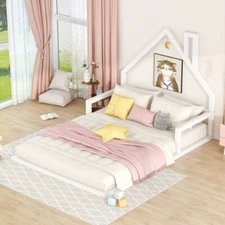 Wood Floor Bed with House Shape Headboard Twin/Full Size Bed Frames for Boy Girl