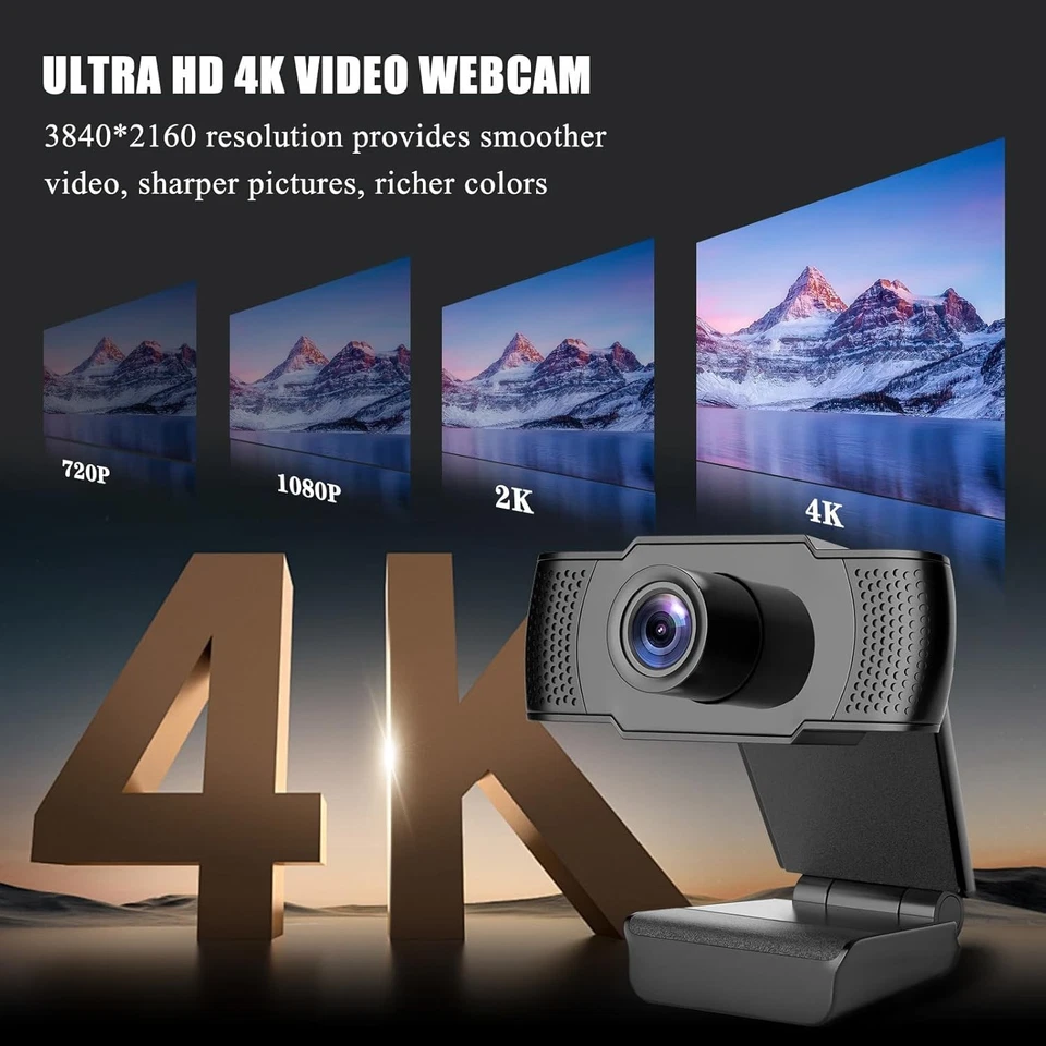MARKENLOS 4K Webcam mit Mikrofon, Ultra HD 4K Webcam für PC, Dual Noise Reducing Mics