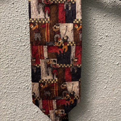 Ermenegildo Zegna Men's Silk Tie, Golf Scene With Golfers, Red Blue Panels
