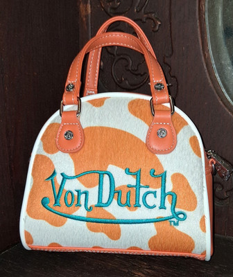Von Dutch Orange Cow Print Pony Hair Bowling Bag Purse Y2K Style NWT W/ Strap