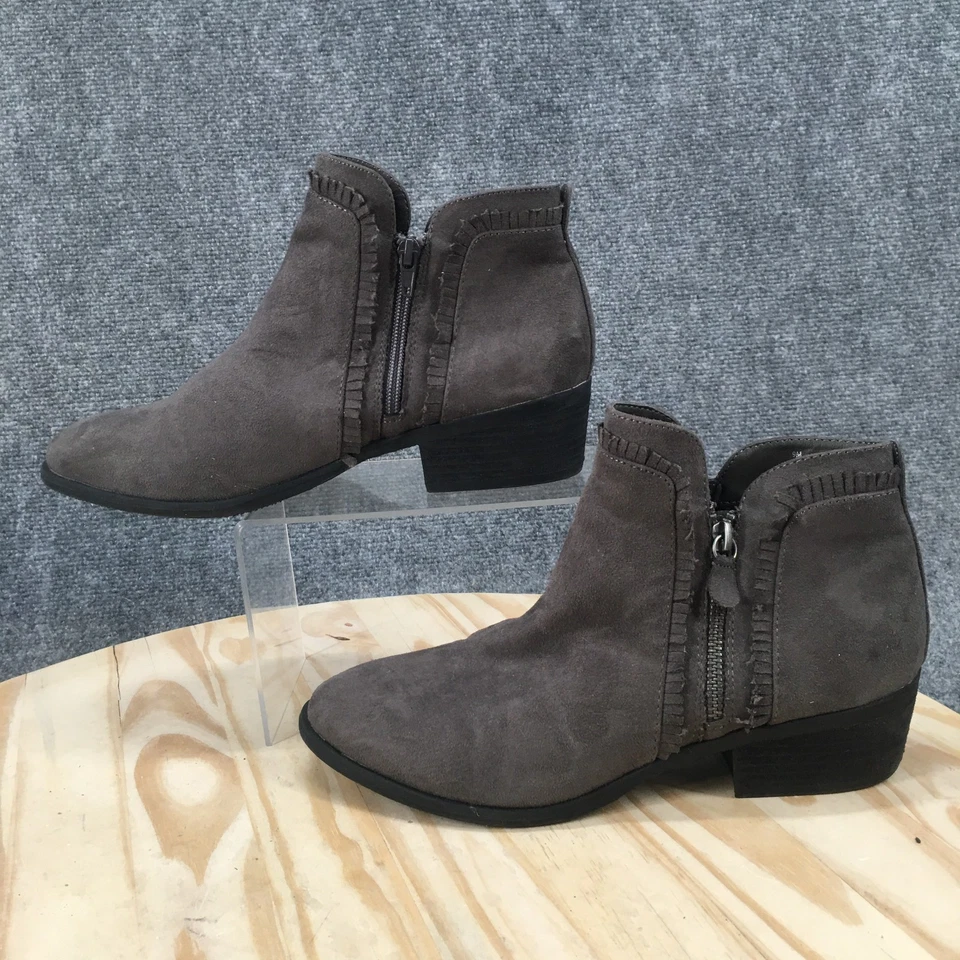 MIA 靴子女式 9 Mable 荷叶边拉链踝靴灰色面料休闲低跟鞋 — 第 2/4 张图片