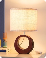 EDISHINE 13.4" Wood Table Lamp, Small Bedside Lamp with Beige Linen Lampshade