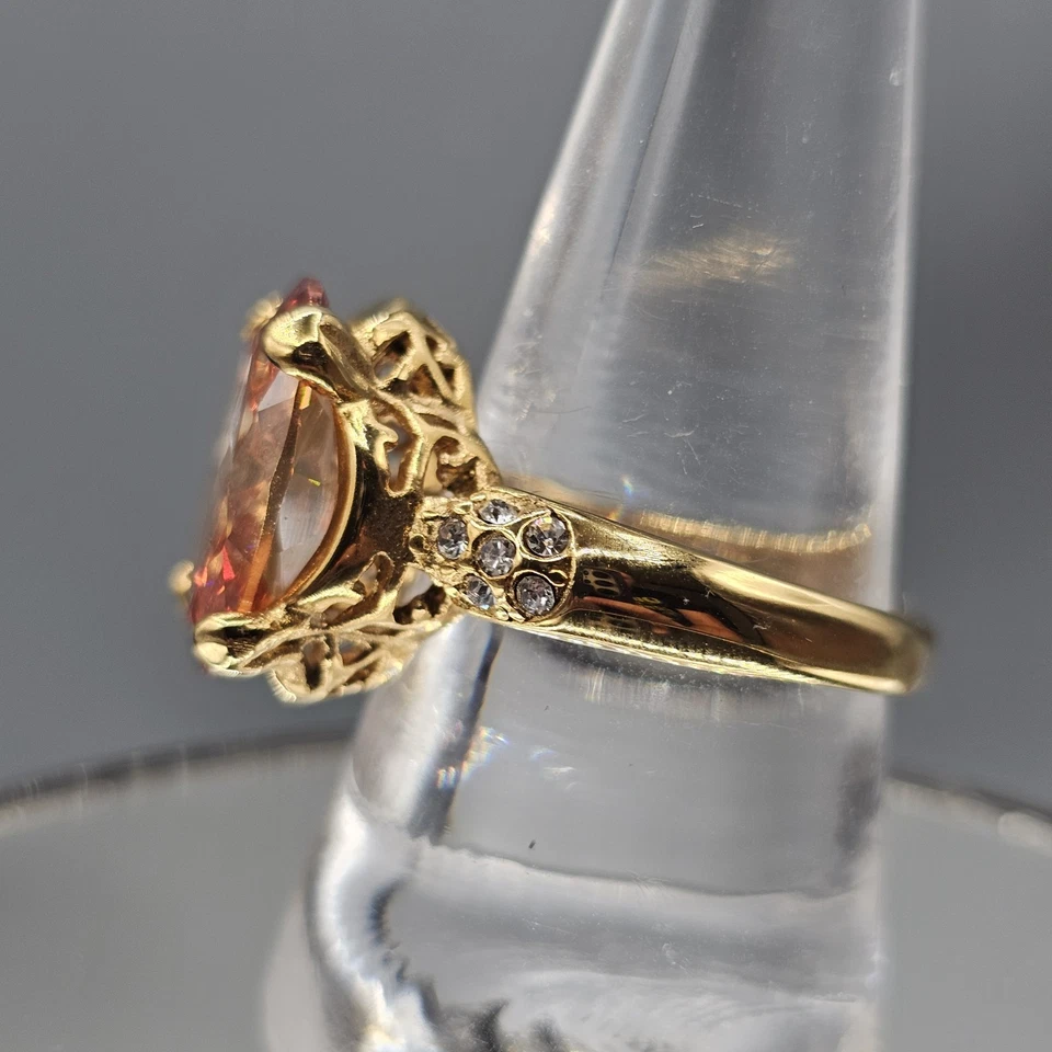 Orange CZ Cocktail Ring Gold Tone Stainless Steel Clear Accents Sz 9.5 - Image 3 of 4