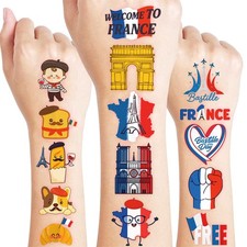 96 PCS French Paris France Flag Pre-Cut Temporary Tattoos for Kids Multiple