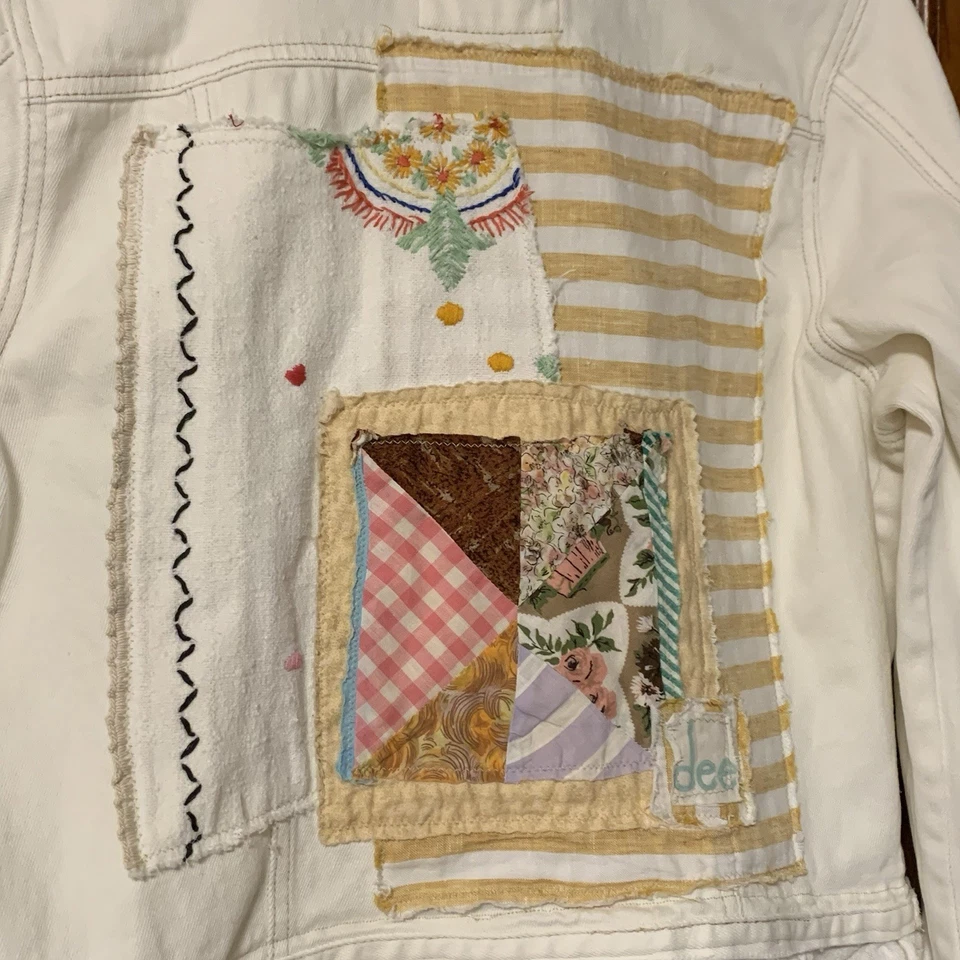 Chaqueta Denim Blanca Reciclada L Boho Festival Arte Para Usar Texas Cottagecore Artístico Foto 4 de 4
