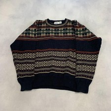 Vintage Abstract Knitted Jumper Patterned Grandad Chunky Knit Sweater Men's L