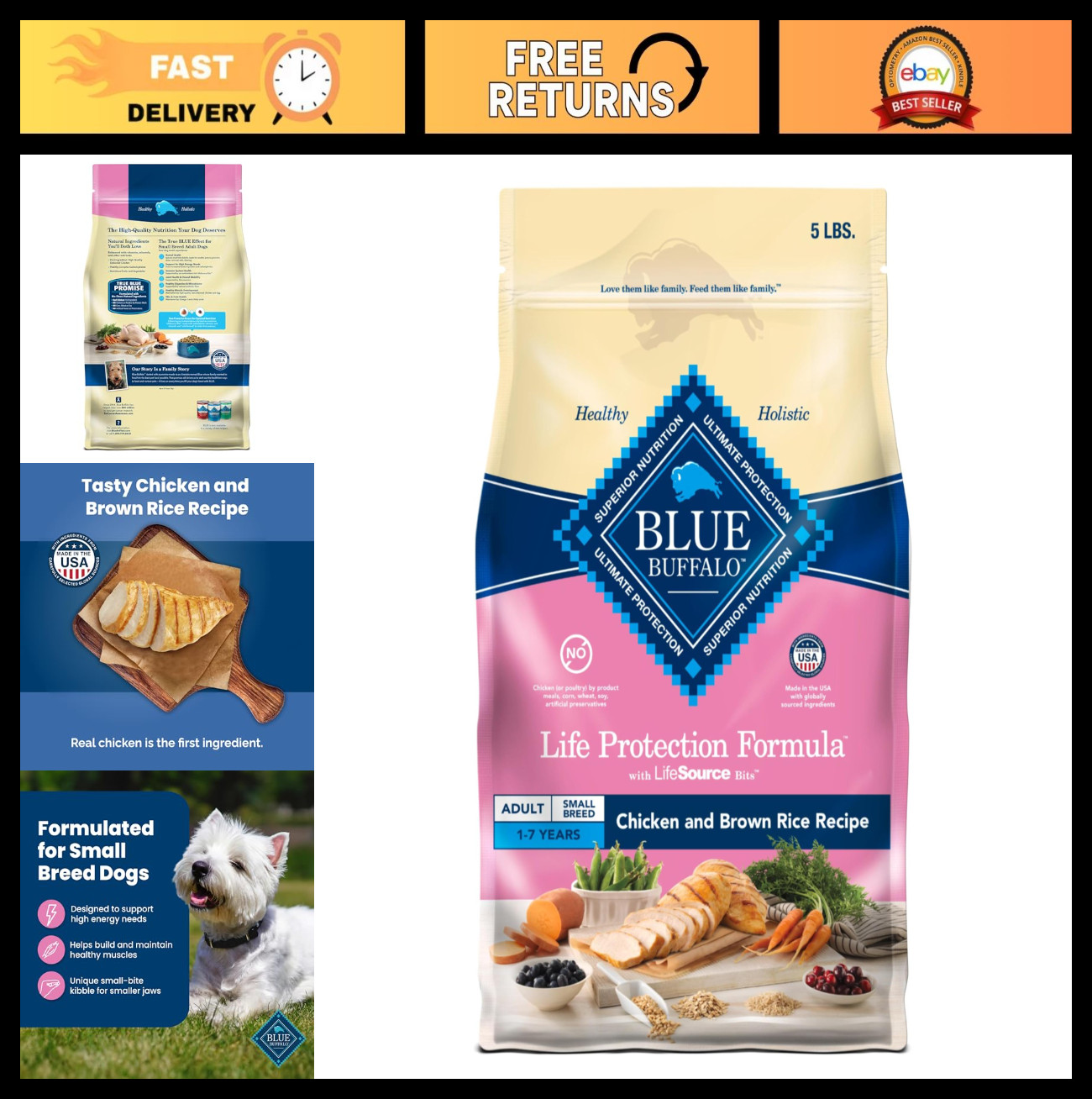 Premium Small Breed Dry Dog Food, High Energy Support, Natural Chicken & Brown R