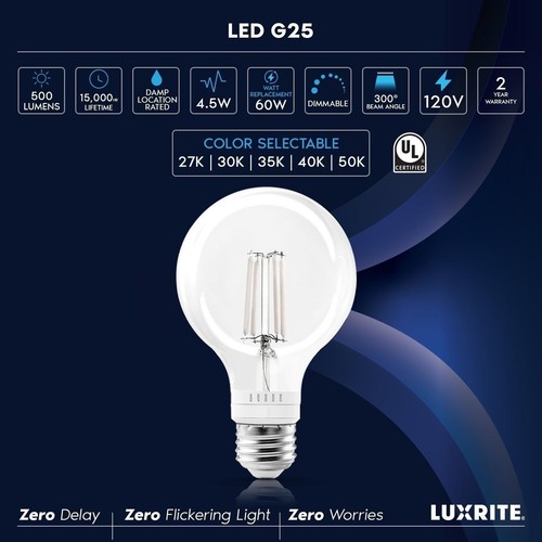 Luxrite Vintage G25 LED Light Bulb 4.5W=60W 500 Lumens 5CCT Dimmable 6 Pack - Picture 7 of 7