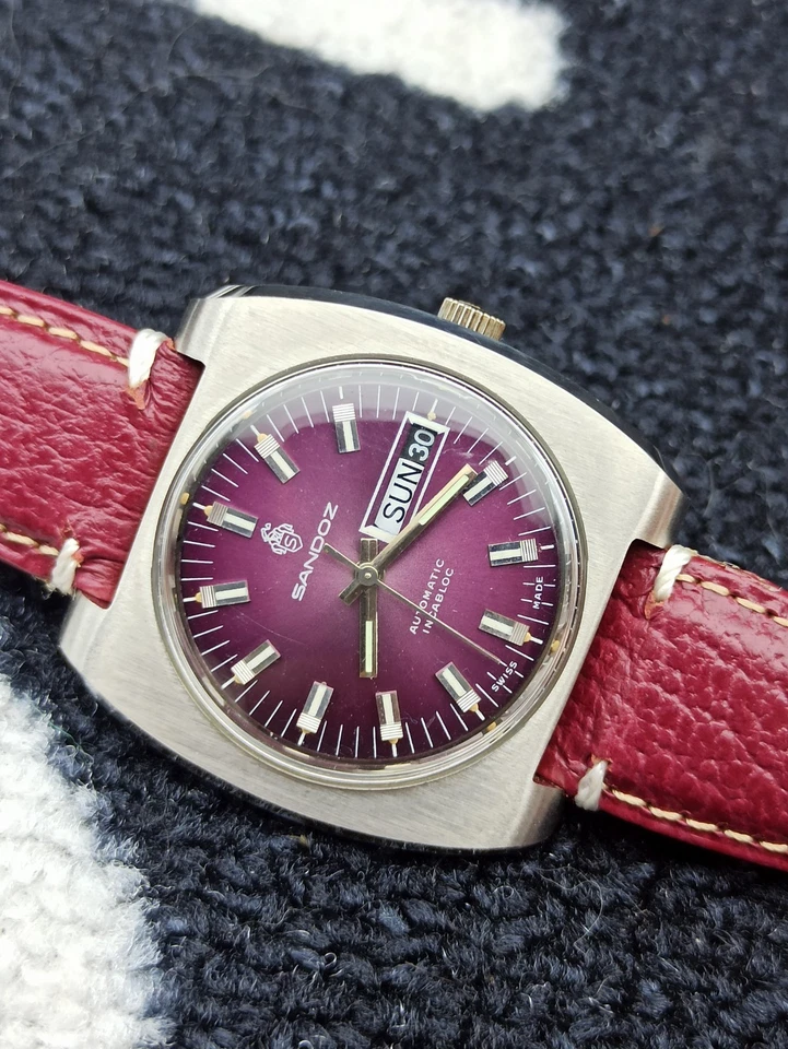 Reloj Pulsera Estilo Informal Sandoz Esfera Púrpura Elegante Suizo De Colección Foto 4 de 4