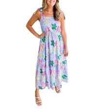 NWT THML Colorful Tropical Floral XS Maxi Striped Square Neck Tie Straps Dress