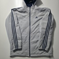Vintage Adidas Reversible Hooded Jacket Mens Large Blue Gray Coat 3 Stripe
