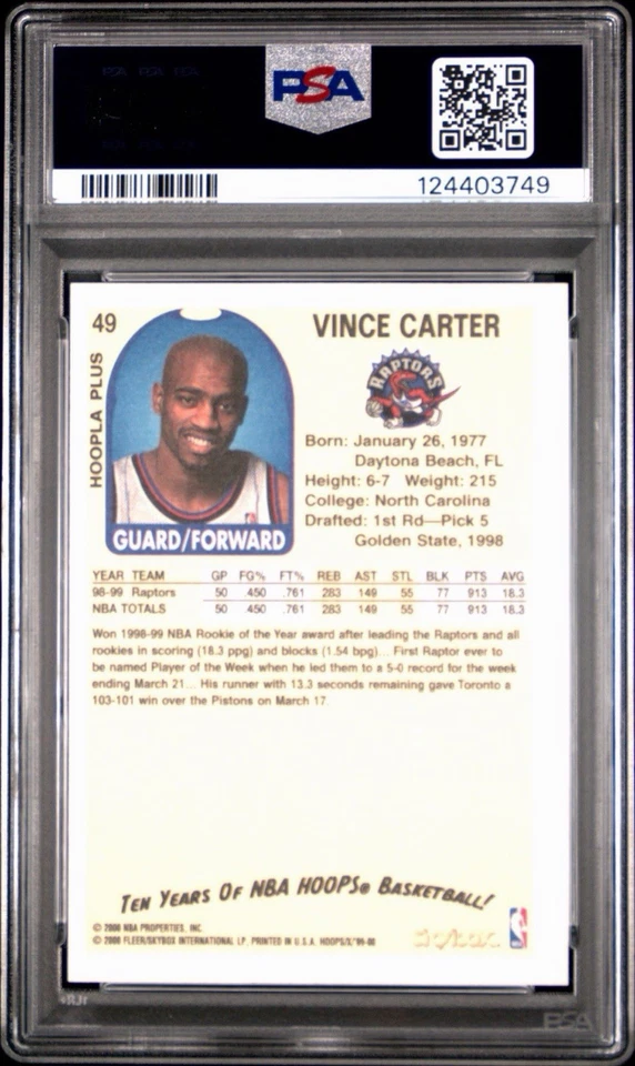 1999-00 Skybox Nba Hoops Decade Hoopla Plus Vince Carter PSA 8 - Imagem 2 de 2