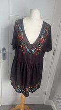 Emery Rose Black Floral Embroidered Smock Mini Dress 1XL Plus Size B46