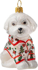 White Maltese in Christmas Pajamas Polish Glass Tree Ornament
