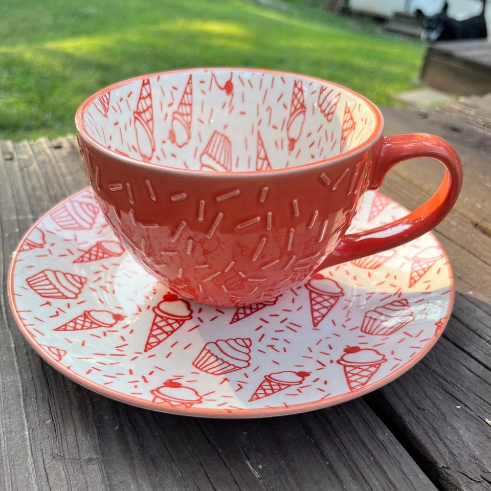 Pfaltzgraff Ice Cream "Sprinkles" Cup & Saucer Set, Orange/White, 2-Pc - Image 2 of 4