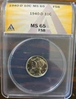1940 10c Silver Mercury Dime ANACS MS 65 FSB | Uncirculated BU Full Split Bands