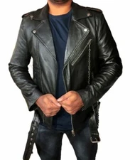 Men's Genuine Lambskin Real Leather Black Retro Jacket Fashion Biker Jacket Coat