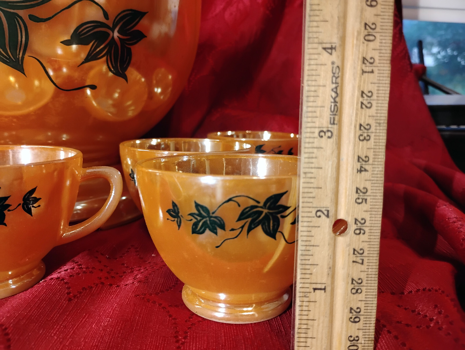 Fire King Anchor Hocking Peach Lustre Ivy Punch Bowl Set With 8 Cups  With Stand