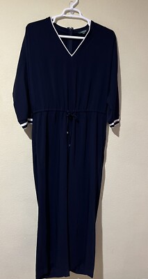 ◆Louren◆vneck wide combinaison Ralph Lauren Womens Wide Leg Jumpsuit Sz 16 Navy 3/4 Sleeves